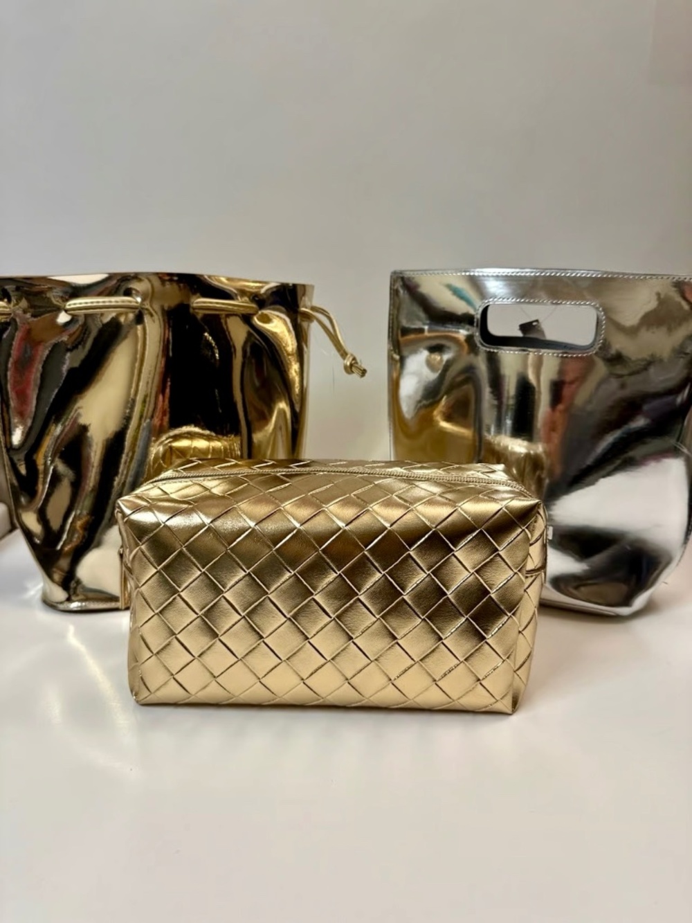 Bath & Body Works Gold Woven Cosmetic Bag, Metallica Drawstring & Silver Bags